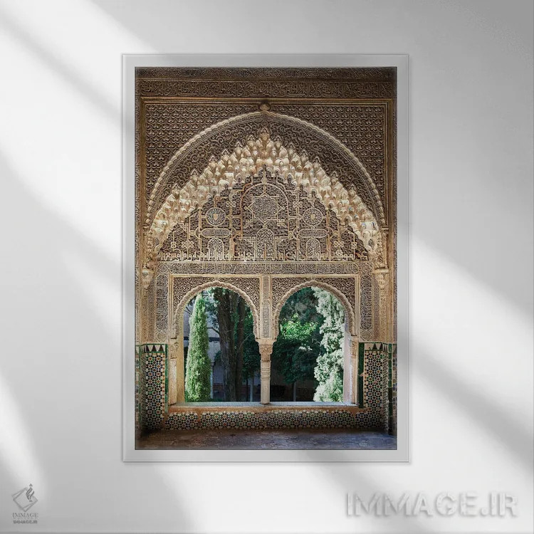 تابلو دکوراتیو Alhambra, Spain,پنجره با طراحی موریس الحمرا، اسپانیا اثر جین ریکس - نمای قابدار سفید