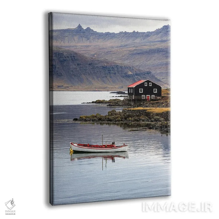 تابلو دکوراتیو Iceland,قایق کوچک و خانه چوبی، ایست فیوردز ایسلند اثر جین ریکس - نمای پرسپکتیو محصول