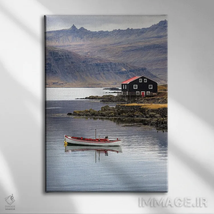 تابلو دکوراتیو Iceland,قایق کوچک و خانه چوبی، ایست فیوردز ایسلند اثر جین ریکس - نمای روبهرو روی دیوار