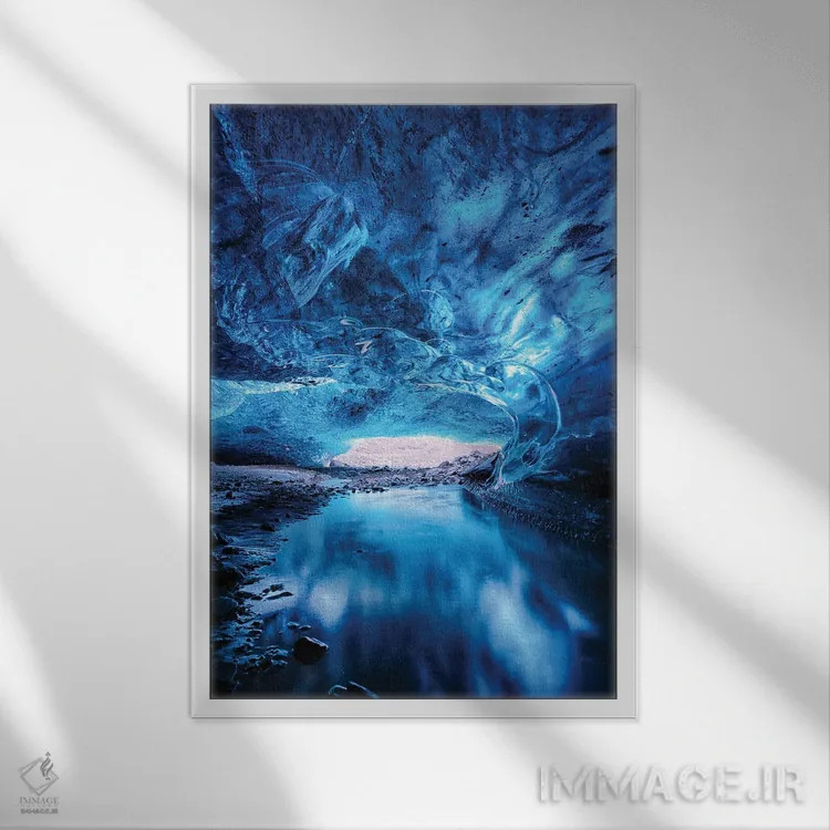 تابلو دکوراتیو Iceland,غار یخ آبی و رودخانه، ایسلند اثر جین ریکس - نمای قابدار سفید
