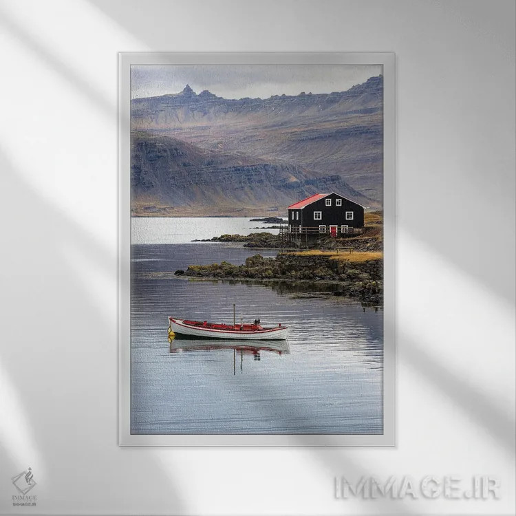 تابلو دکوراتیو Iceland,قایق کوچک و خانه چوبی، ایست فیوردز ایسلند اثر جین ریکس - نمای قابدار سفید