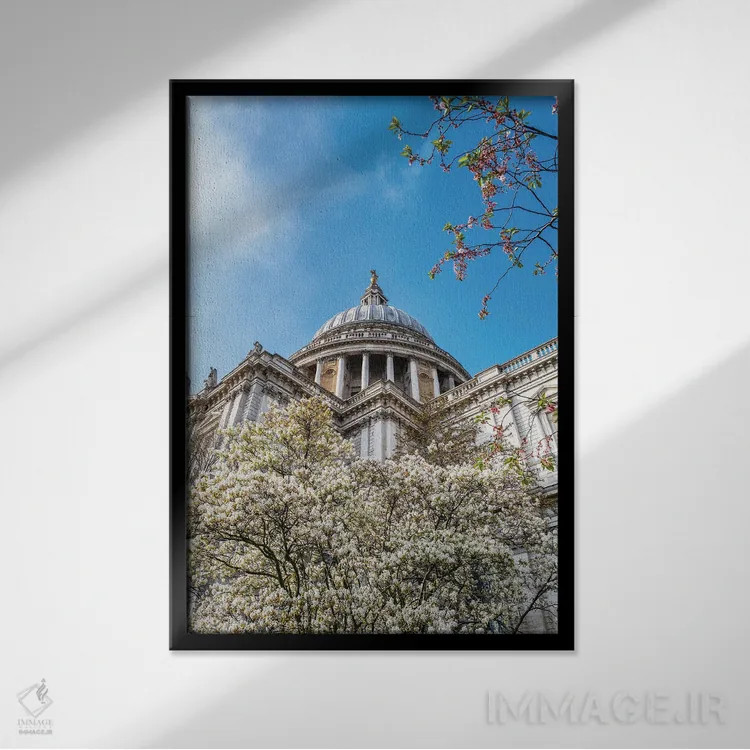 تابلو دکوراتیو London,کلیسای جامع سنت پل و شکوفه های گیلاس، لندن اثر جین ریکس - نمای قابدار مشکی