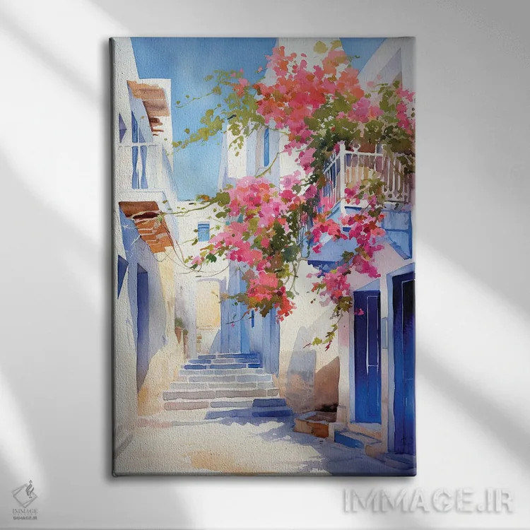 تابلو دکوراتیو کوچه ای در جزیره یونان اثر جین ریکس - نمای روبهرو روی دیوار