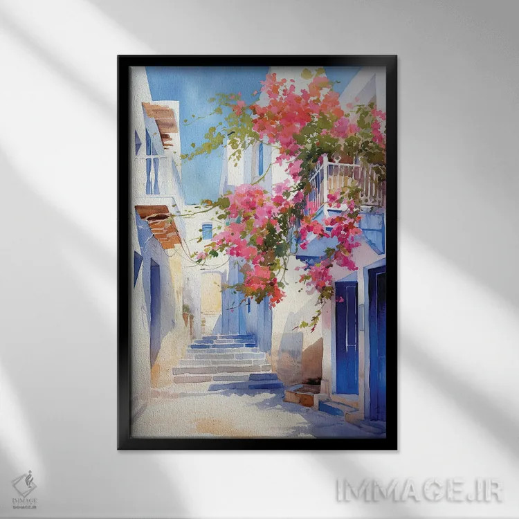 تابلو دکوراتیو کوچه ای در جزیره یونان اثر جین ریکس - نمای قابدار مشکی