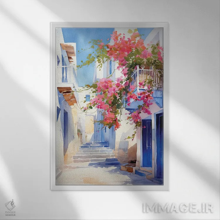 تابلو دکوراتیو کوچه ای در جزیره یونان اثر جین ریکس - نمای قابدار سفید