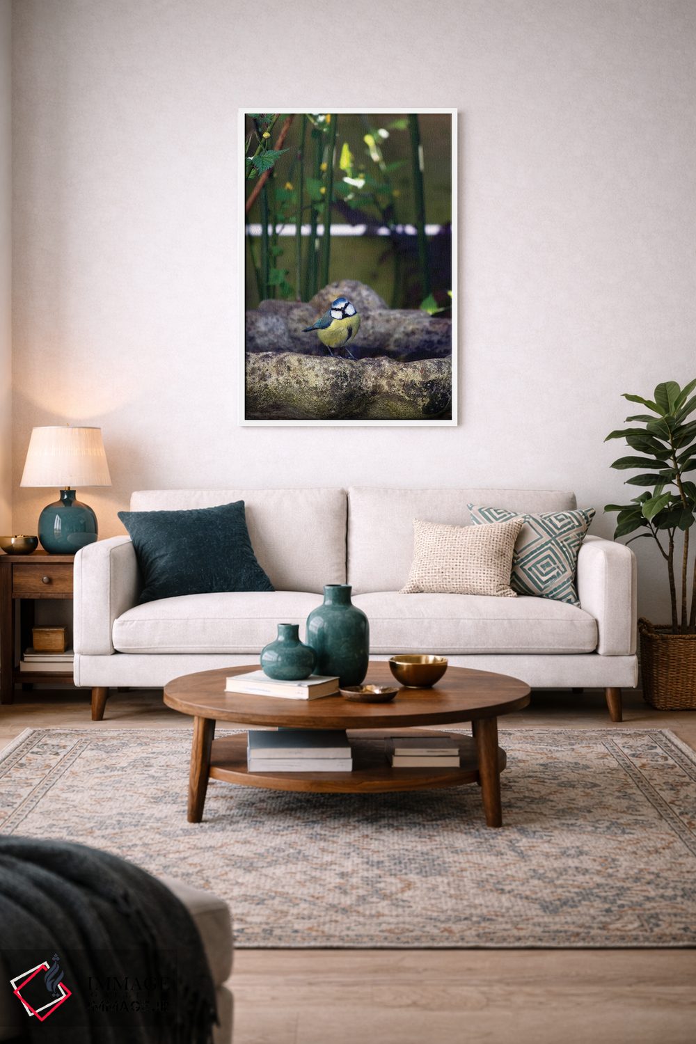 تابلو دکوراتیو پرنده سیاه سرآبی لبه ظرف آب اثر جین ریکس - D2W