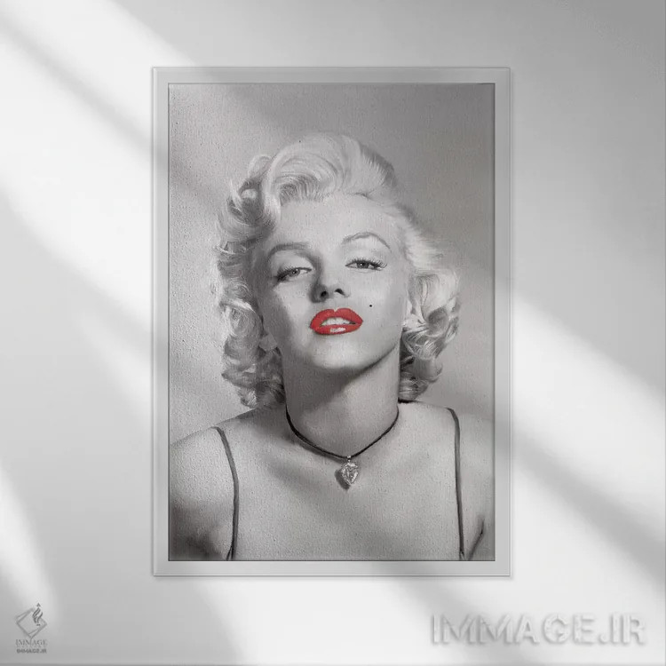 تابلو دکوراتیو نگاه عاشقانه با لب های قرمز در تصویر خاکستری اثر جری مایکلز - نمای قابدار سفید