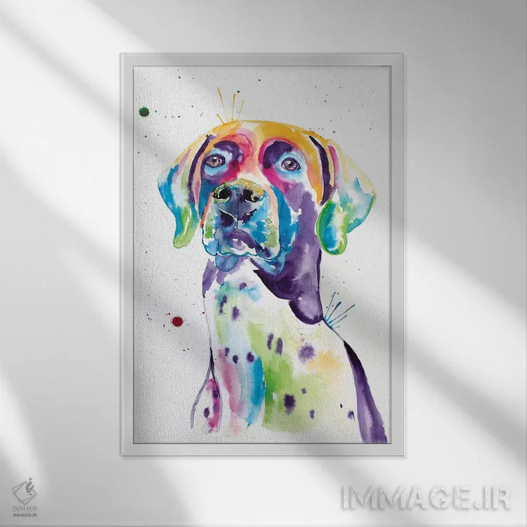 تابلو دکوراتیو پوینتر ژرمن موکوتاه آبرنگی اثر جنیفر سیلی - نمای قابدار سفید