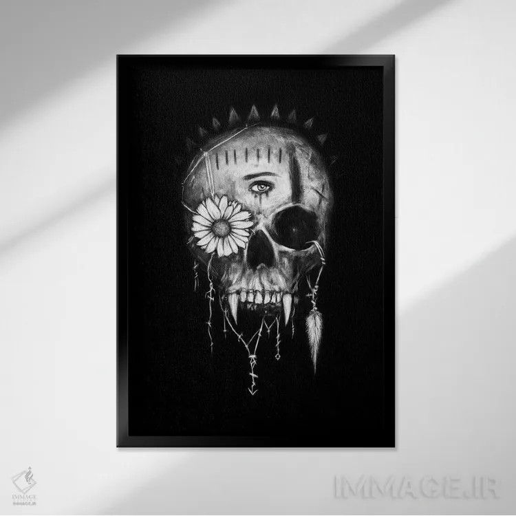 تابلو دکوراتیو جمجمه خون آشام اثر جاستین گداک - نمای قابدار مشکی