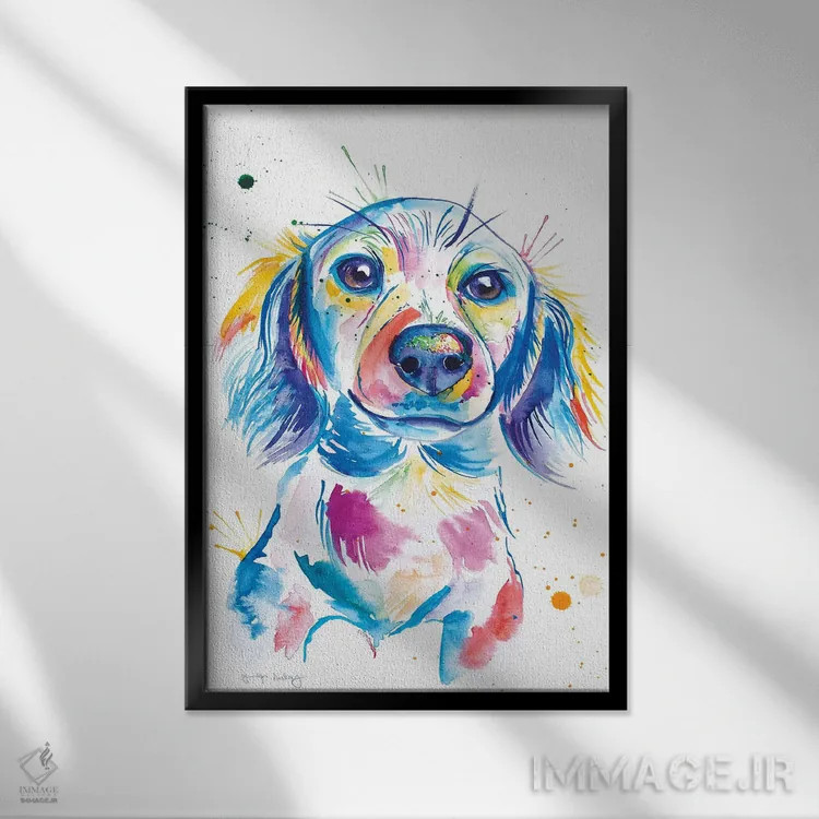 تابلو دکوراتیو داشهوند مو بلند آبرنگی اثر جنیفر سیلی - نمای قابدار مشکی