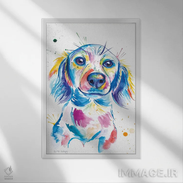 تابلو دکوراتیو داشهوند مو بلند آبرنگی اثر جنیفر سیلی - نمای قابدار سفید