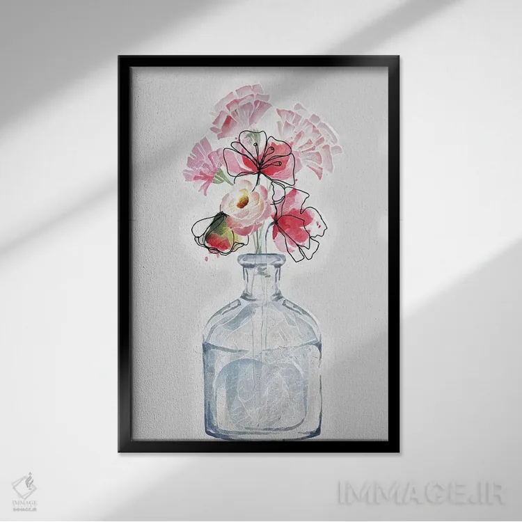 تابلو دکوراتیو خطوط گل آبرنگی اثر جسی کیث - نمای قابدار مشکی