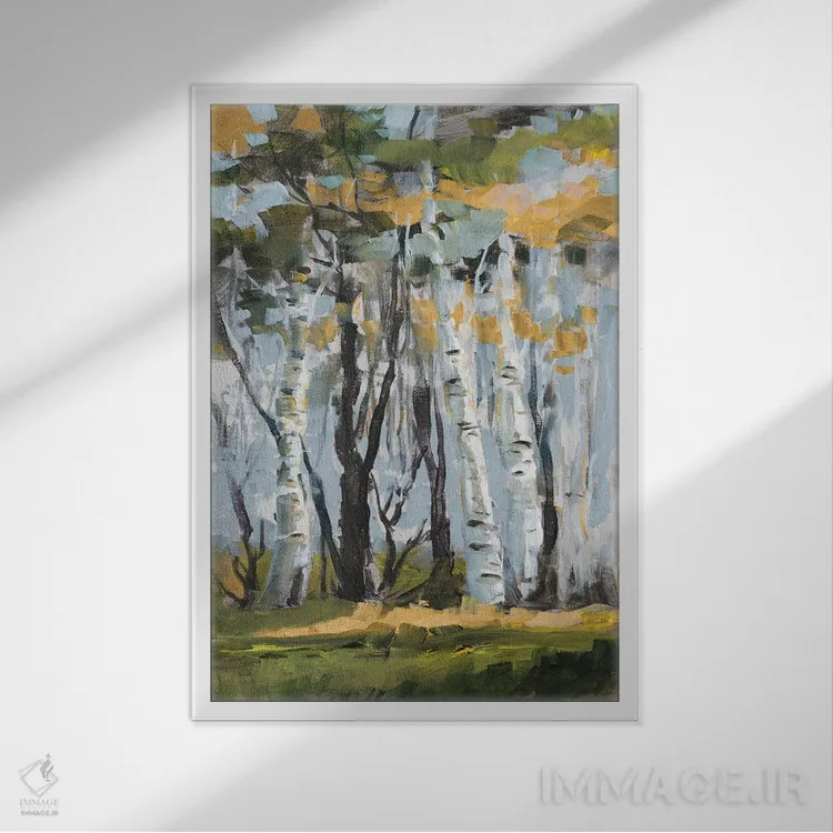 تابلو دکوراتیو درختان غان طلایی اثر جین اسلیوکا - نمای قابدار سفید