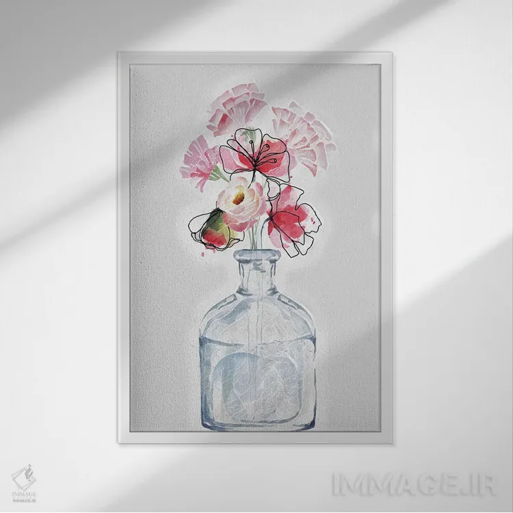 تابلو دکوراتیو خطوط گل آبرنگی اثر جسی کیث - نمای قابدار سفید