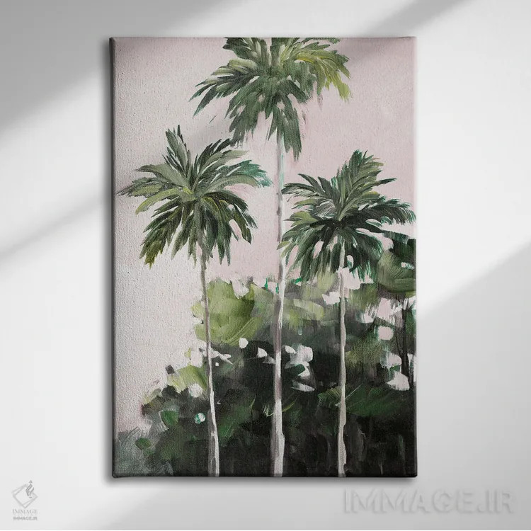 تابلو دکوراتیو نخل ها زیر آسمان صورتی اثر جین اسلیوکا - نمای روبهرو روی دیوار