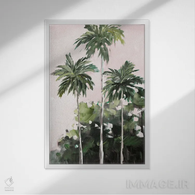تابلو دکوراتیو نخل ها زیر آسمان صورتی اثر جین اسلیوکا - نمای قابدار سفید