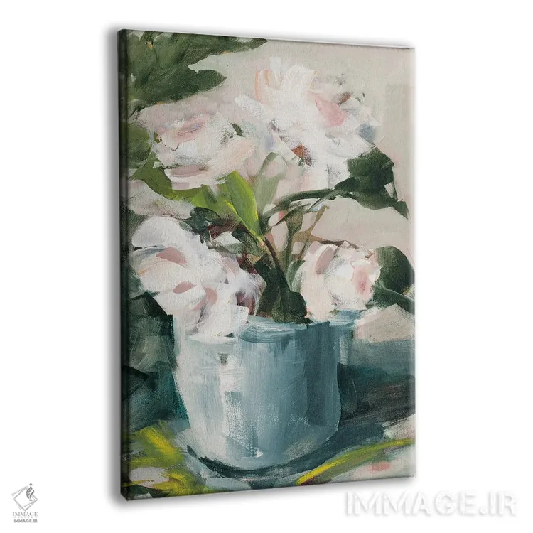 تابلو دکوراتیو گل صدتومانی در گلدان آبی اثر جین اسلیوکا - نمای پرسپکتیو محصول