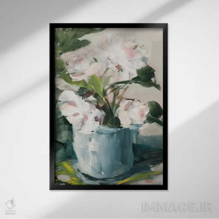 تابلو دکوراتیو گل صدتومانی در گلدان آبی اثر جین اسلیوکا - نمای قابدار مشکی