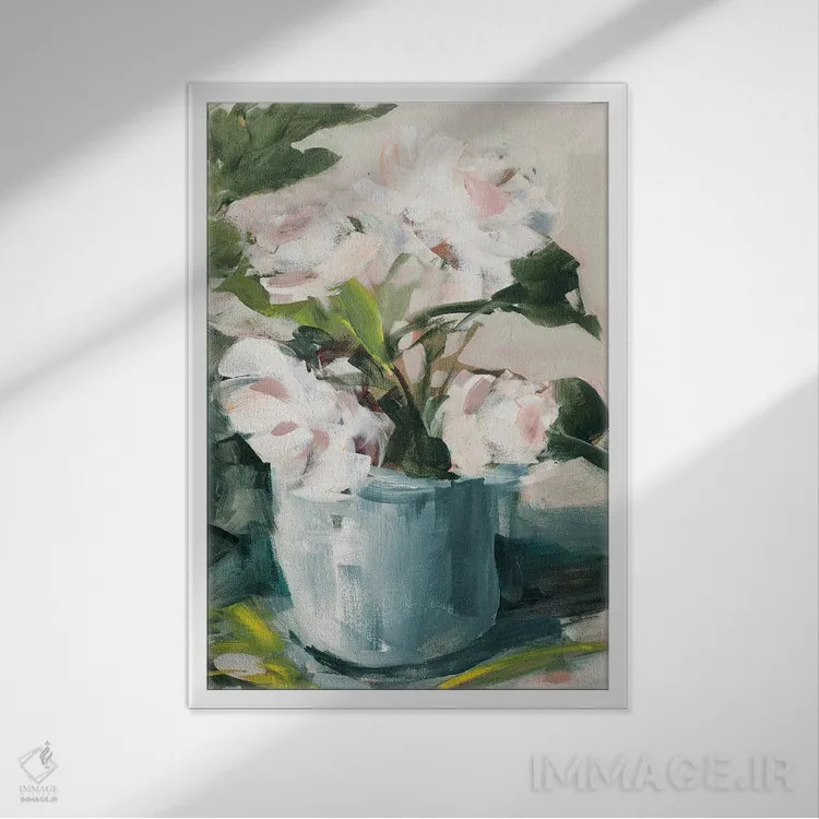 تابلو دکوراتیو گل صدتومانی در گلدان آبی اثر جین اسلیوکا - نمای قابدار سفید