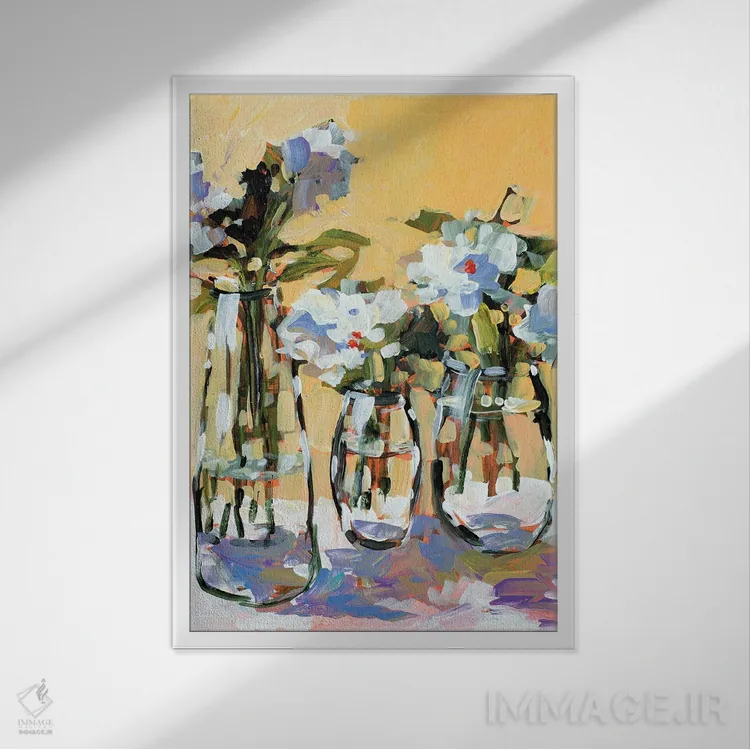 تابلو دکوراتیو سه گلدان گل اثر جین اسلیوکا - نمای قابدار سفید