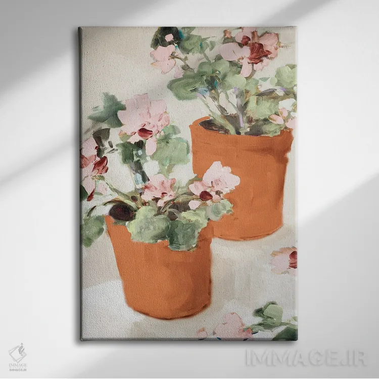 تابلو دکوراتیو شمعدانی صورتی در گلدان اثر جین اسلیوکا - نمای روبهرو روی دیوار