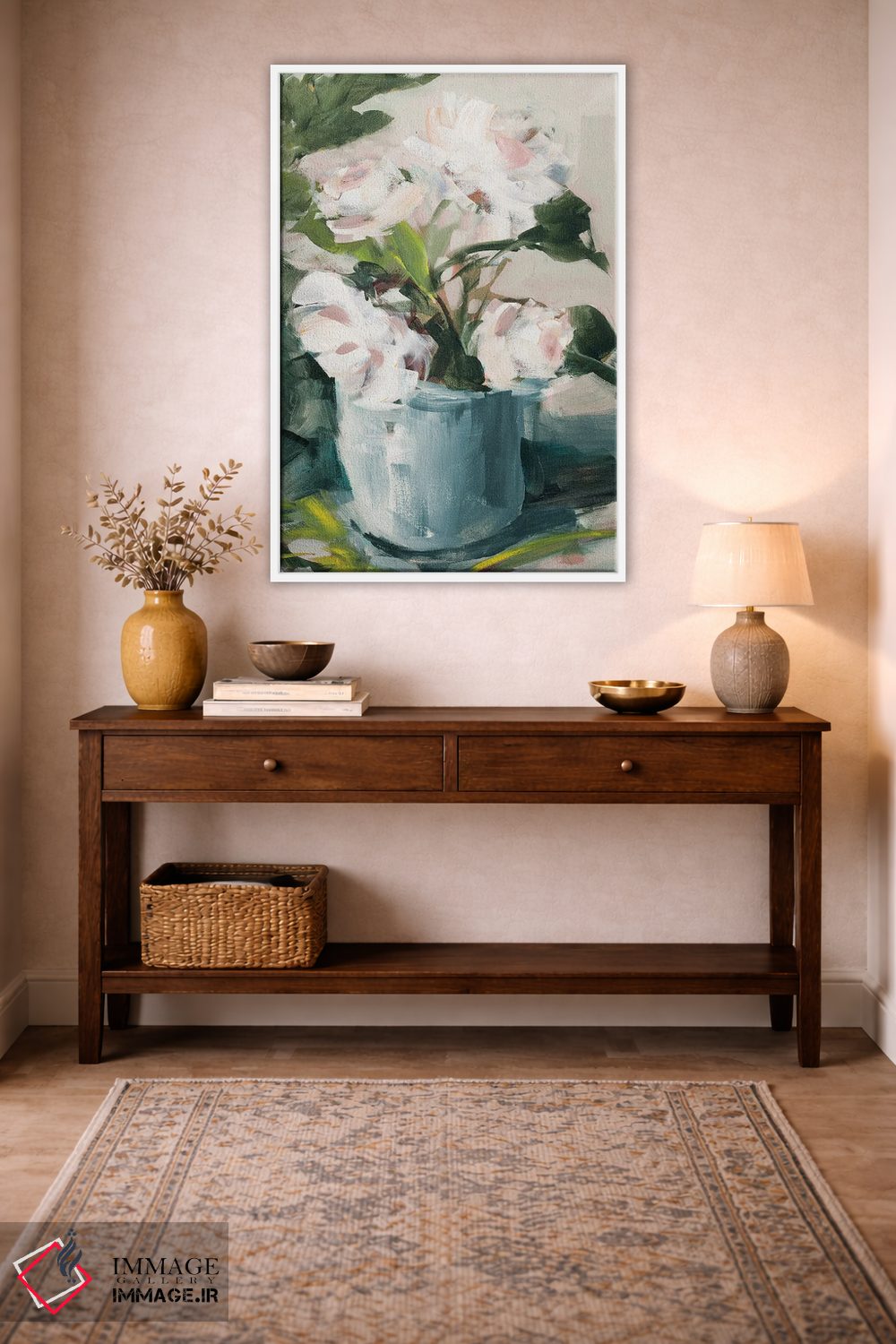 تابلو دکوراتیو گل صدتومانی در گلدان آبی اثر جین اسلیوکا - D1W