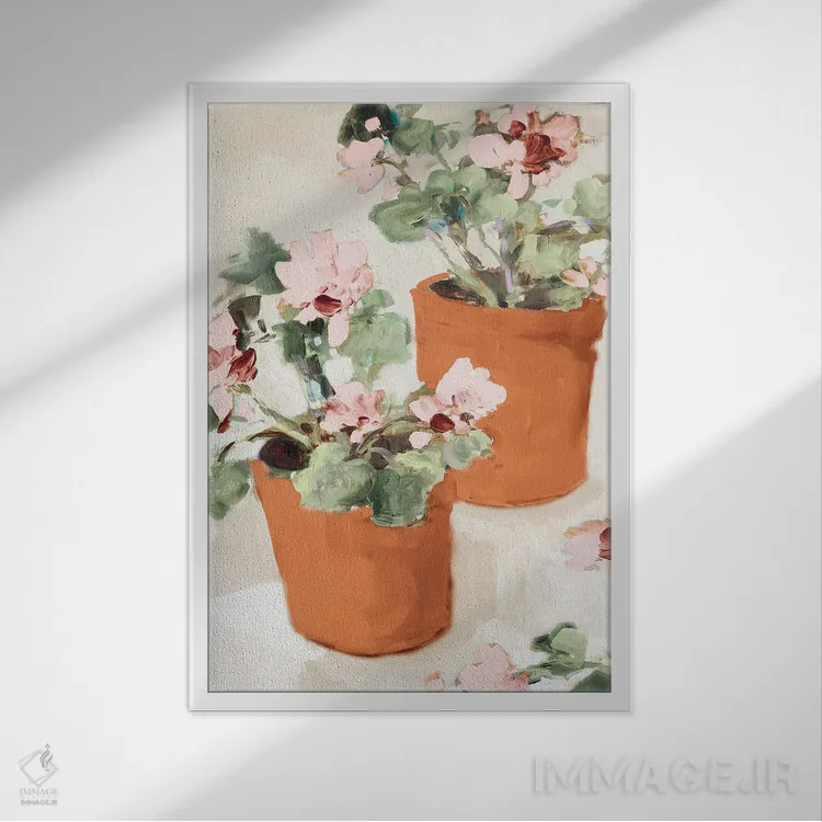 تابلو دکوراتیو شمعدانی صورتی در گلدان اثر جین اسلیوکا - نمای قابدار سفید