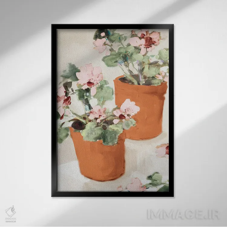 تابلو دکوراتیو شمعدانی صورتی در گلدان اثر جین اسلیوکا - نمای قابدار مشکی