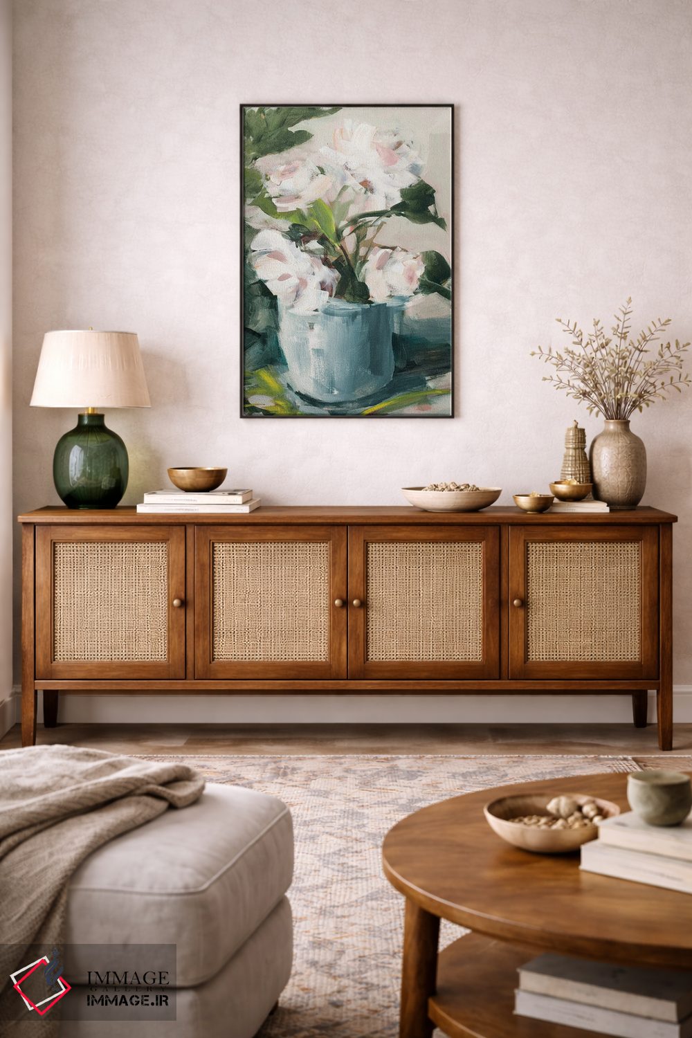 تابلو دکوراتیو گل صدتومانی در گلدان آبی اثر جین اسلیوکا - D3B