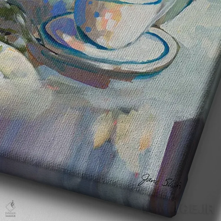 تابلو دکوراتیو گل ها و چای اثر جین اسلیوکا - نمای نزدیک بافت بوم