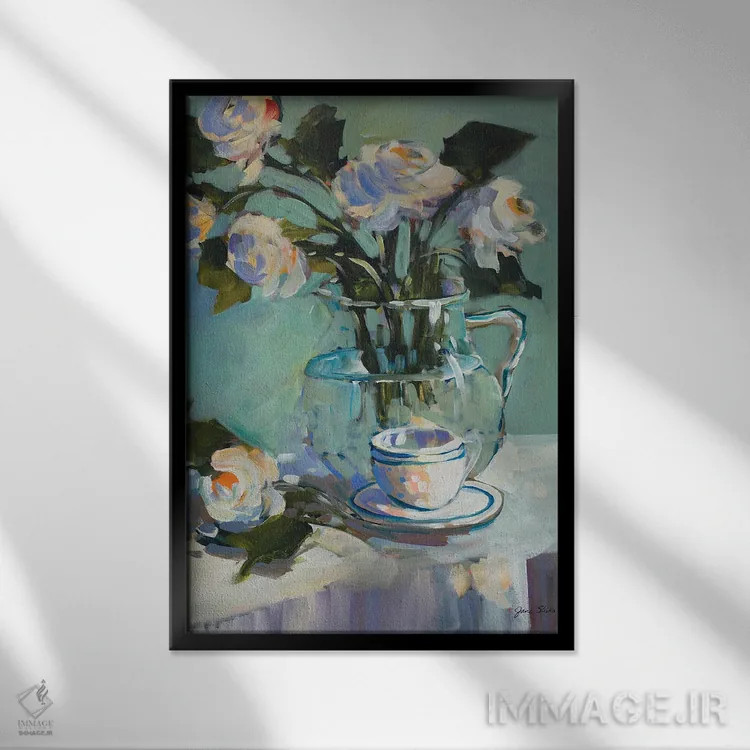 تابلو دکوراتیو گل ها و چای اثر جین اسلیوکا - نمای قابدار مشکی