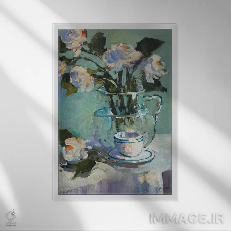 تابلو دکوراتیو گل ها و چای اثر جین اسلیوکا - نمای قابدار سفید