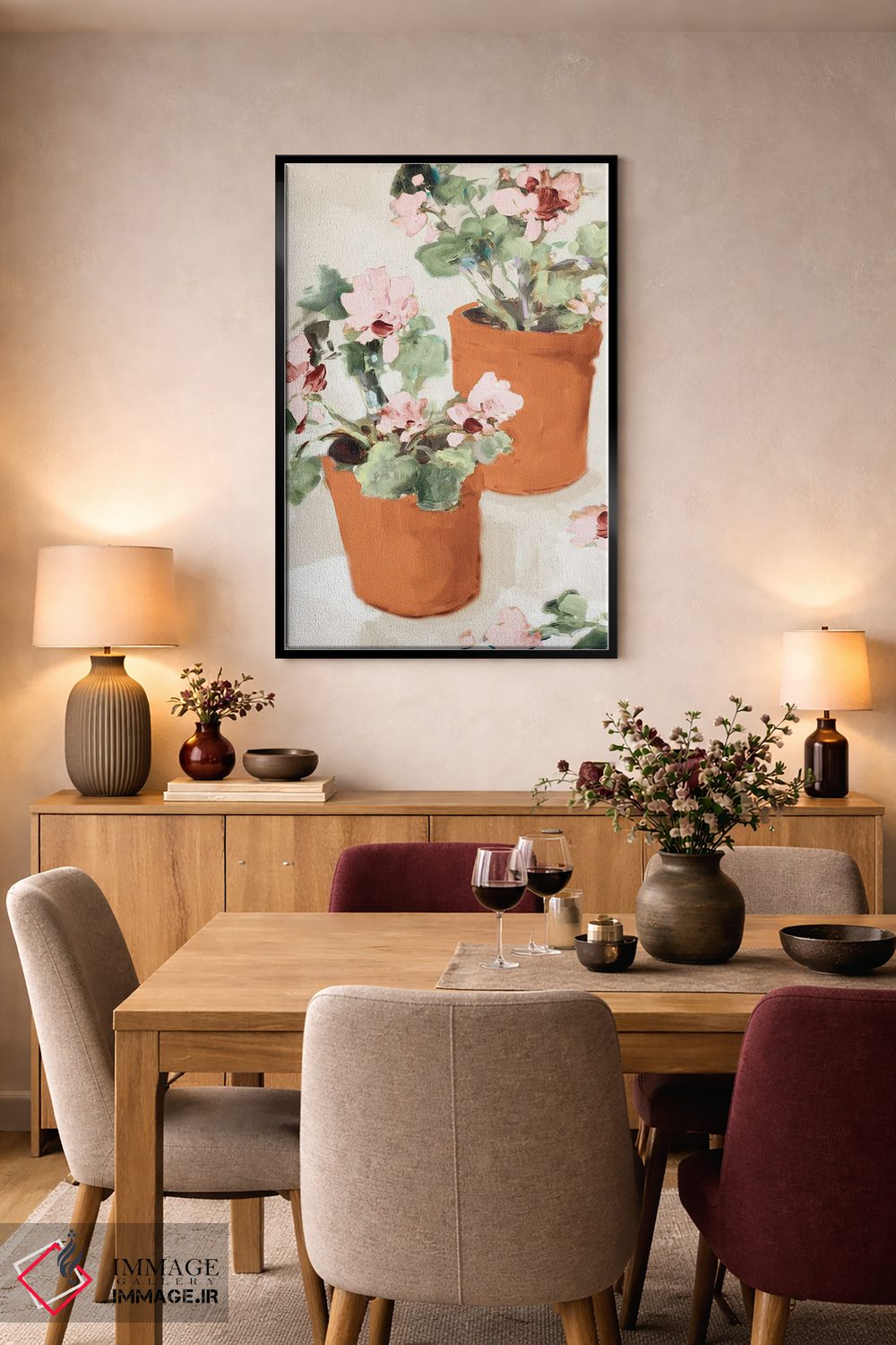 تابلو دکوراتیو شمعدانی صورتی در گلدان اثر جین اسلیوکا - D4B