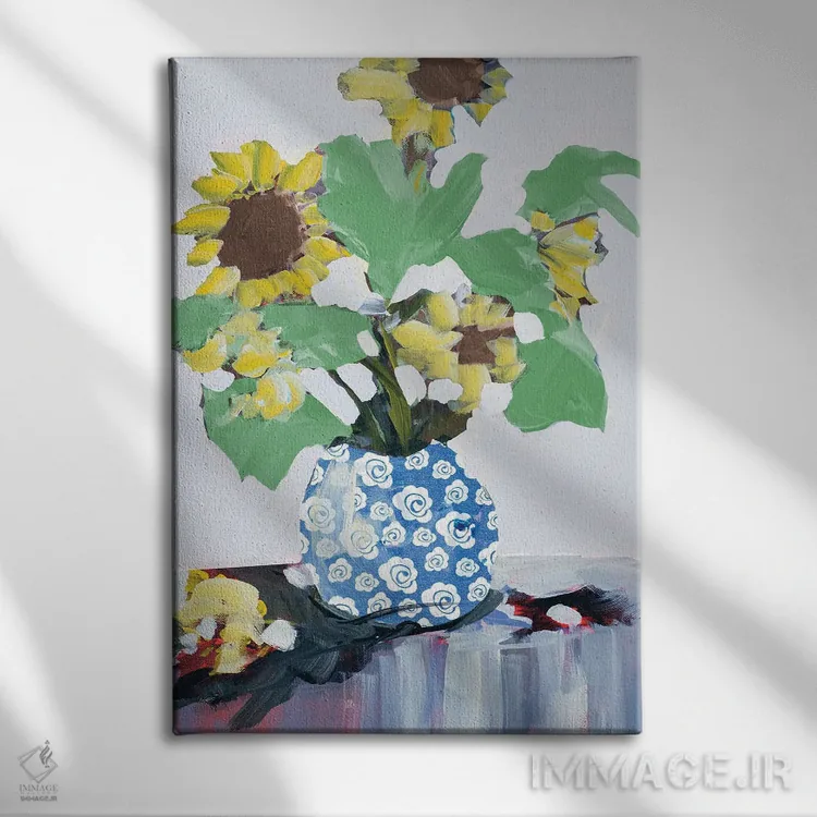 تابلو دکوراتیو آفتابگردان ها در گلدان تزیینی اثر جین اسلیوکا - نمای روبهرو روی دیوار