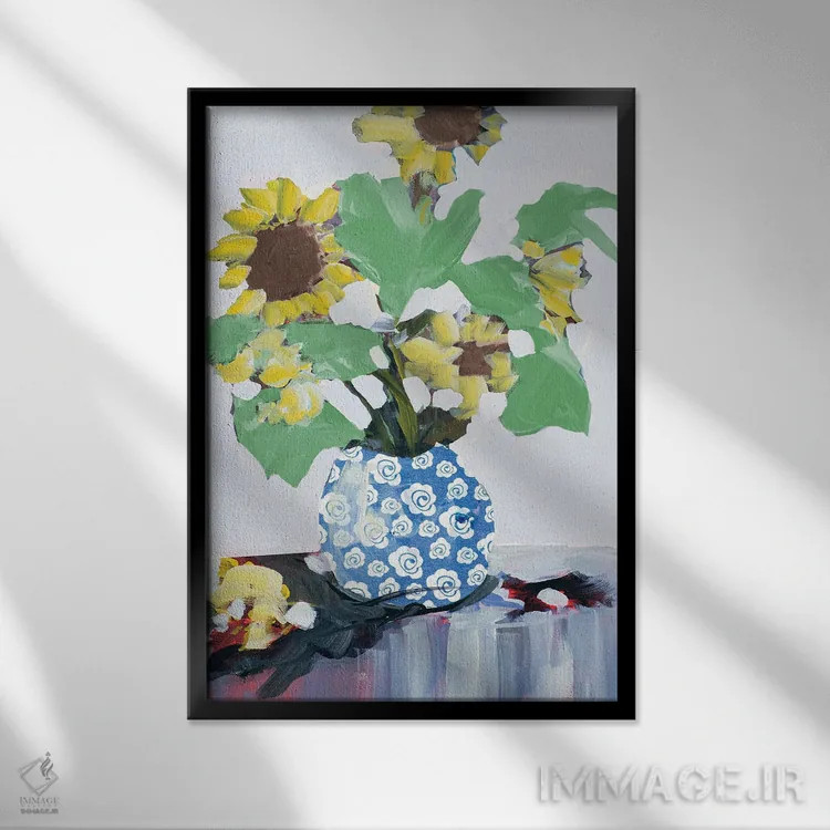 تابلو دکوراتیو آفتابگردان ها در گلدان تزیینی اثر جین اسلیوکا - نمای قابدار مشکی