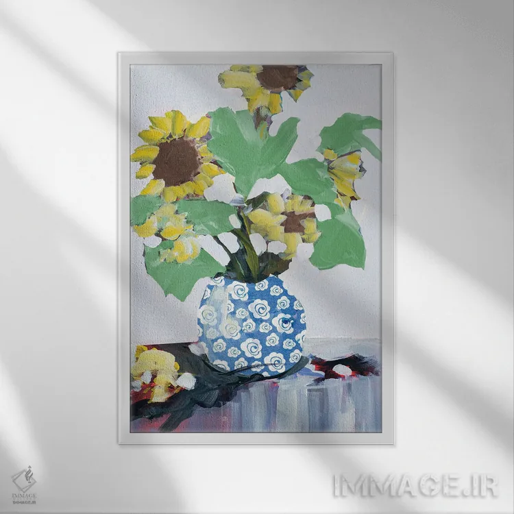 تابلو دکوراتیو آفتابگردان ها در گلدان تزیینی اثر جین اسلیوکا - نمای قابدار سفید