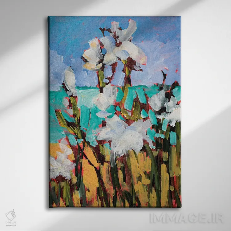 تابلو انتزاعی گل ها کنار ساحل اثر جین اسلیوکا - نمای روبهرو روی دیوار