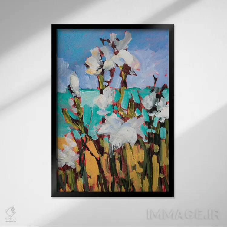 تابلو انتزاعی گل ها کنار ساحل اثر جین اسلیوکا - نمای قابدار مشکی