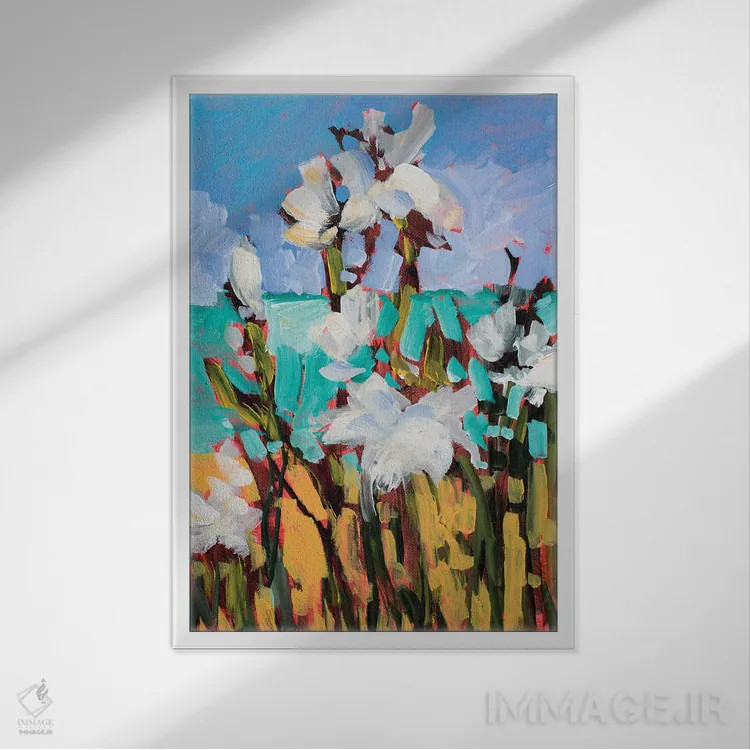 تابلو انتزاعی گل ها کنار ساحل اثر جین اسلیوکا - نمای قابدار سفید