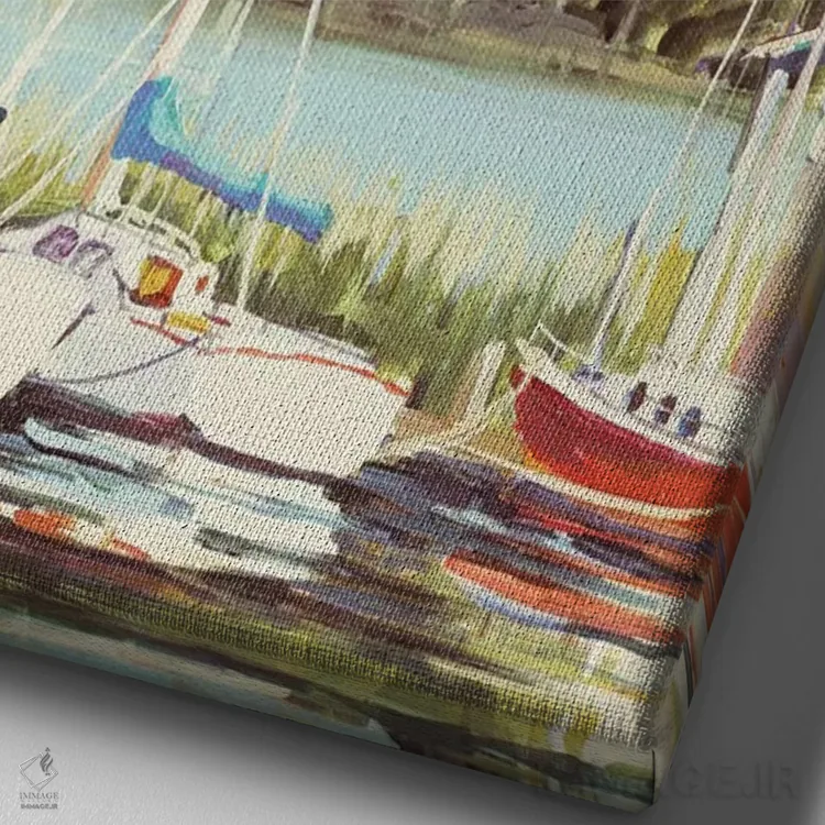 تابلو دکوراتیو بندر قایق های بادبانی اثر جین اسلیوکا - نمای نزدیک بافت بوم