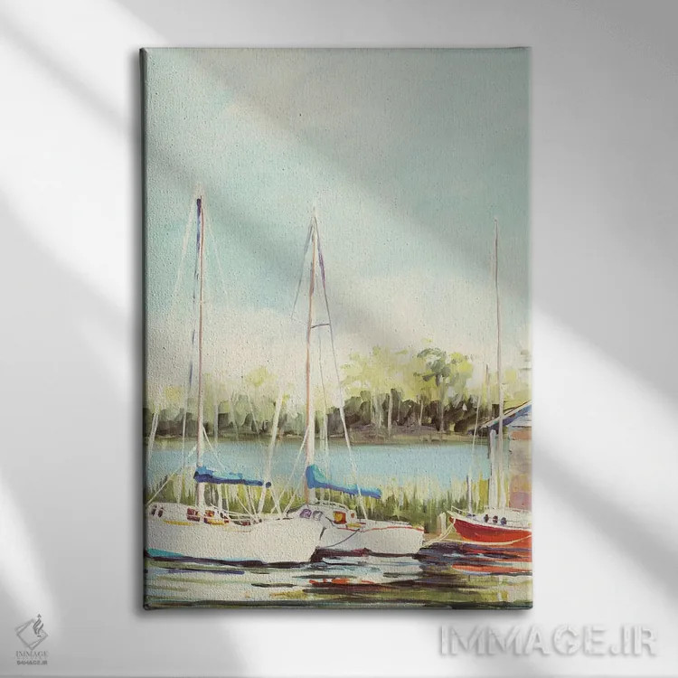 تابلو دکوراتیو بندر قایق های بادبانی اثر جین اسلیوکا - نمای روبهرو روی دیوار