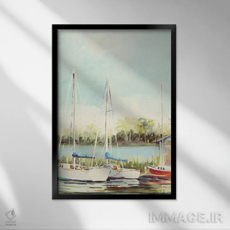 تابلو دکوراتیو بندر قایق های بادبانی اثر جین اسلیوکا - نمای قابدار مشکی