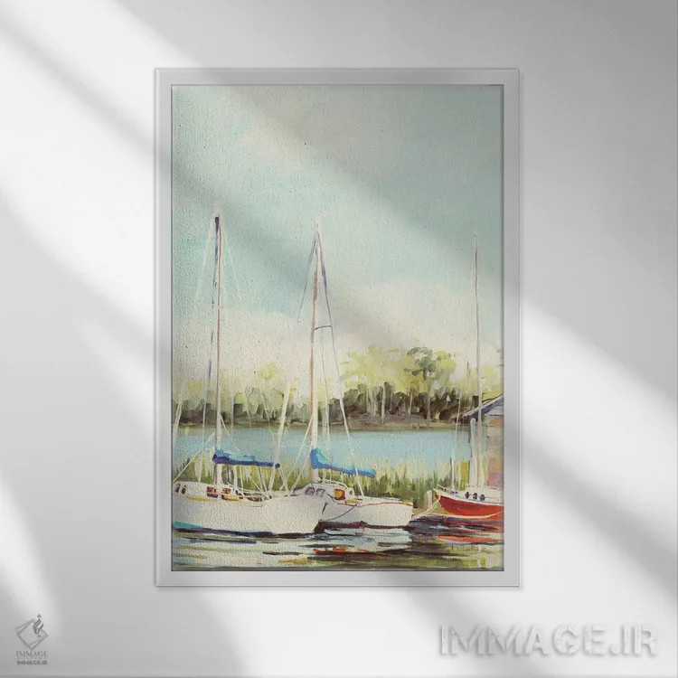 تابلو دکوراتیو بندر قایق های بادبانی اثر جین اسلیوکا - نمای قابدار سفید