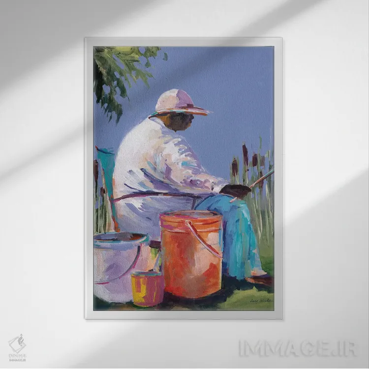 تابلو دکوراتیو خواهران در حال ماهیگیری I اثر جین اسلیوکا - نمای قابدار سفید