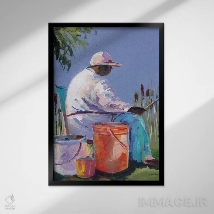 تابلو دکوراتیو خواهران در حال ماهیگیری I اثر جین اسلیوکا - نمای قابدار مشکی