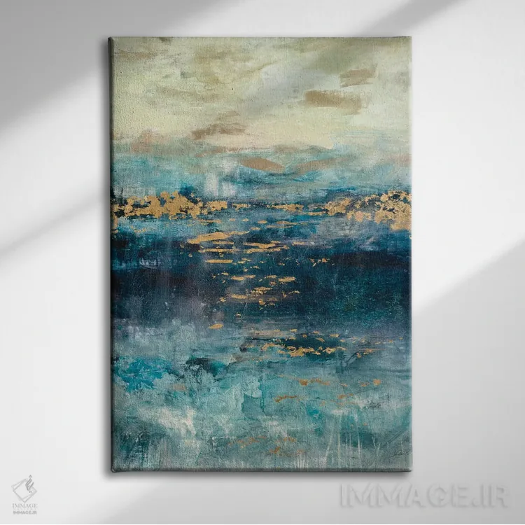 تابلو انتزاعی چشم انداز فیروزه ای و طلایی اثر جولیان اسپنسر - نمای روبهرو روی دیوار