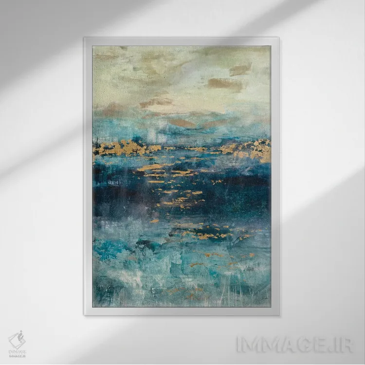 تابلو انتزاعی چشم انداز فیروزه ای و طلایی اثر جولیان اسپنسر - نمای قابدار سفید