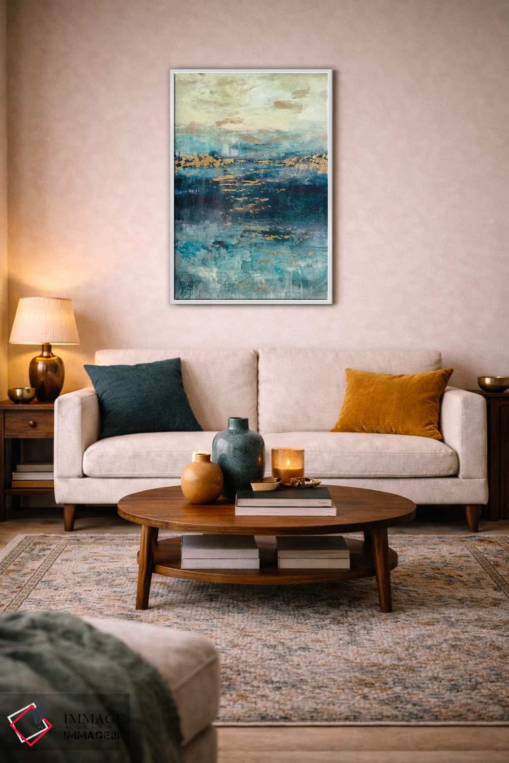 تابلو انتزاعی چشم انداز فیروزه ای و طلایی اثر جولیان اسپنسر - D3W