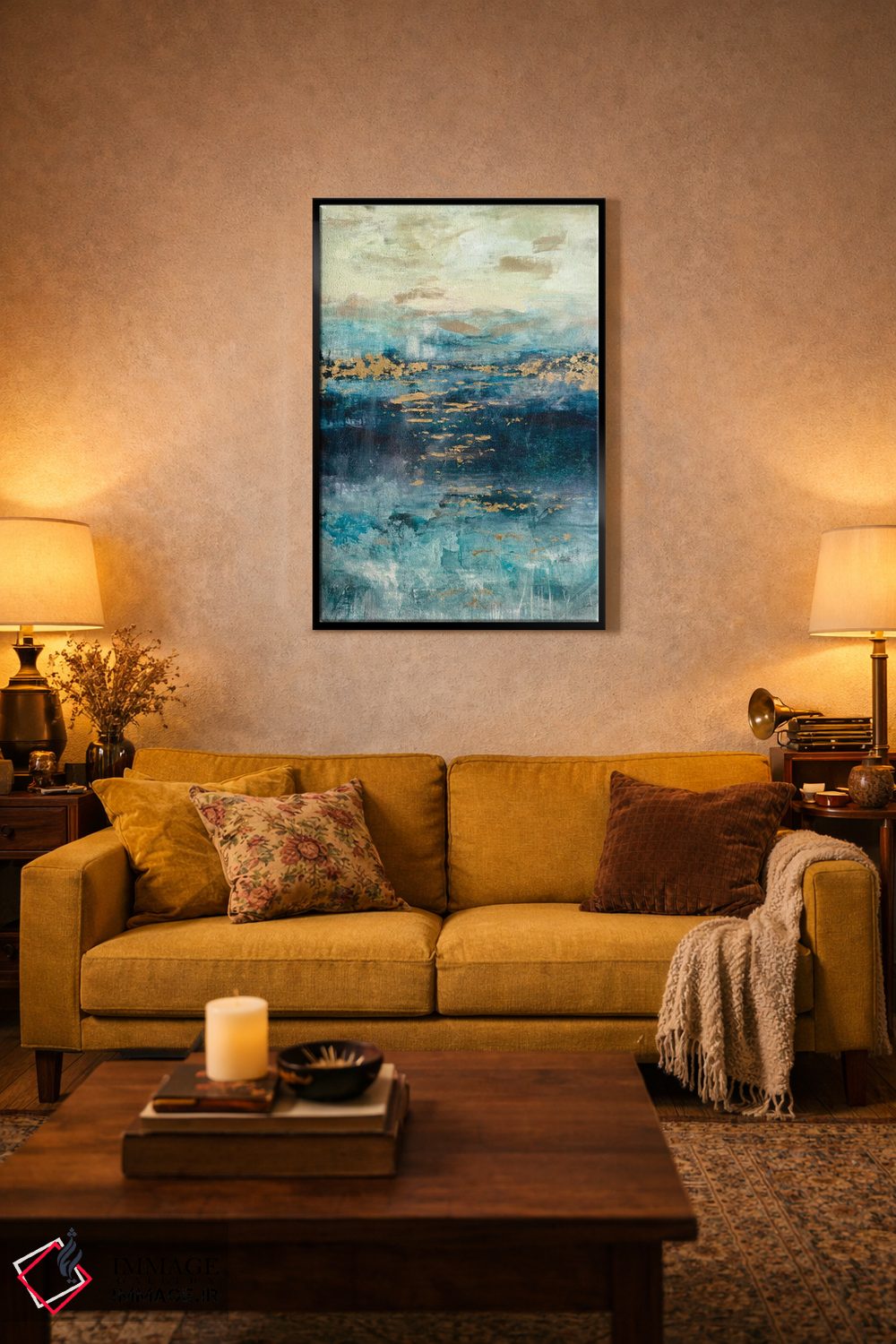 تابلو انتزاعی چشم انداز فیروزه ای و طلایی اثر جولیان اسپنسر - D5B