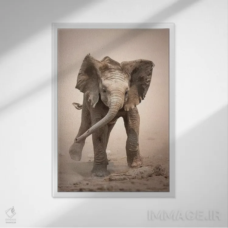 تابلو دکوراتیو حمله نمایشی گوساله فیل اثر یوهان سوانپوئل - نمای قابدار سفید